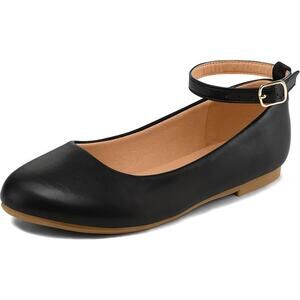 K KomForme Girls Size 5 Black Faux Leather Ankle Strap Ballerina Flat Shoes